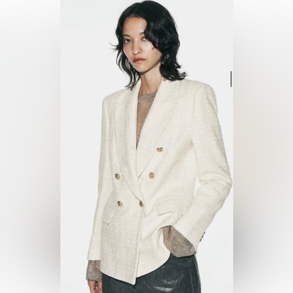 Zara Cream Textured Double-Breasted Blazer